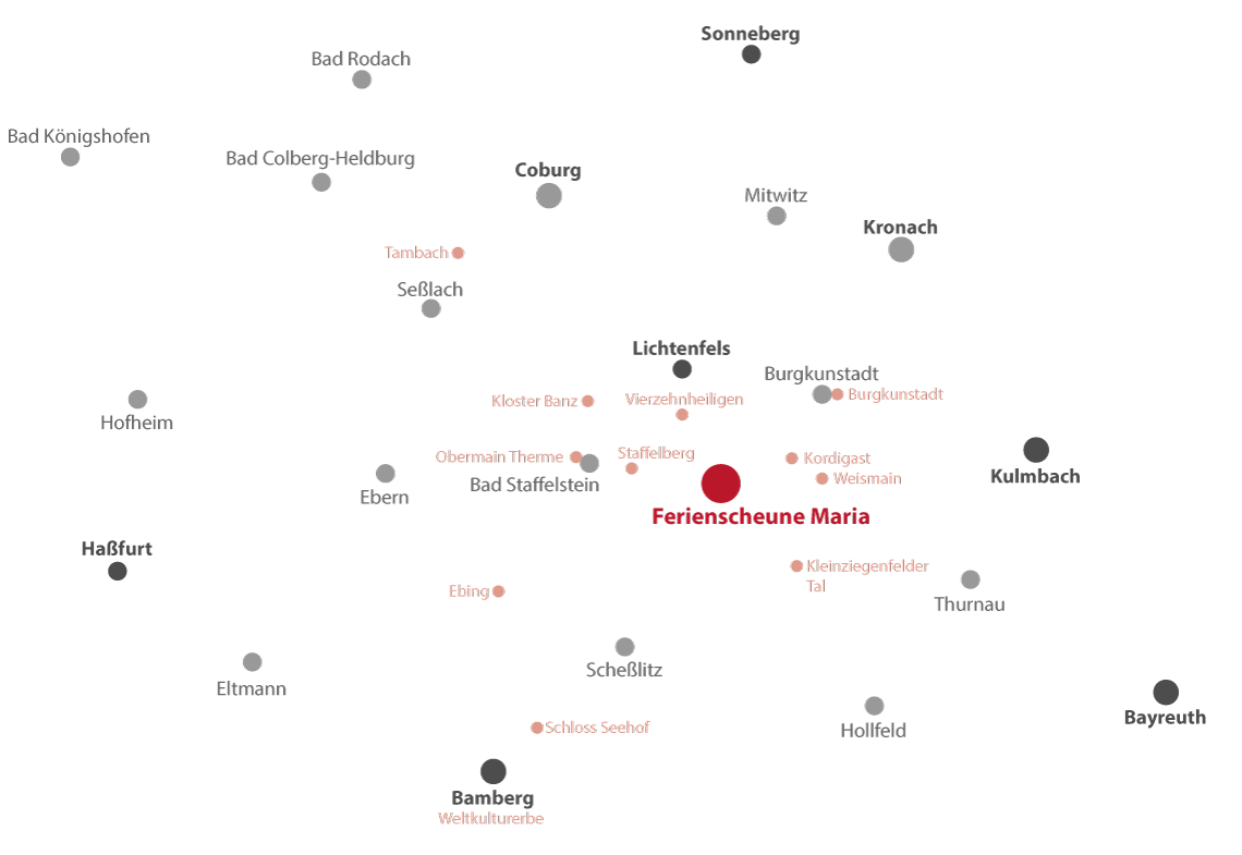 Karte mit interessanten Orten in der Umgebung von Ferienwohnung Maria in Lichtenfels Lahm